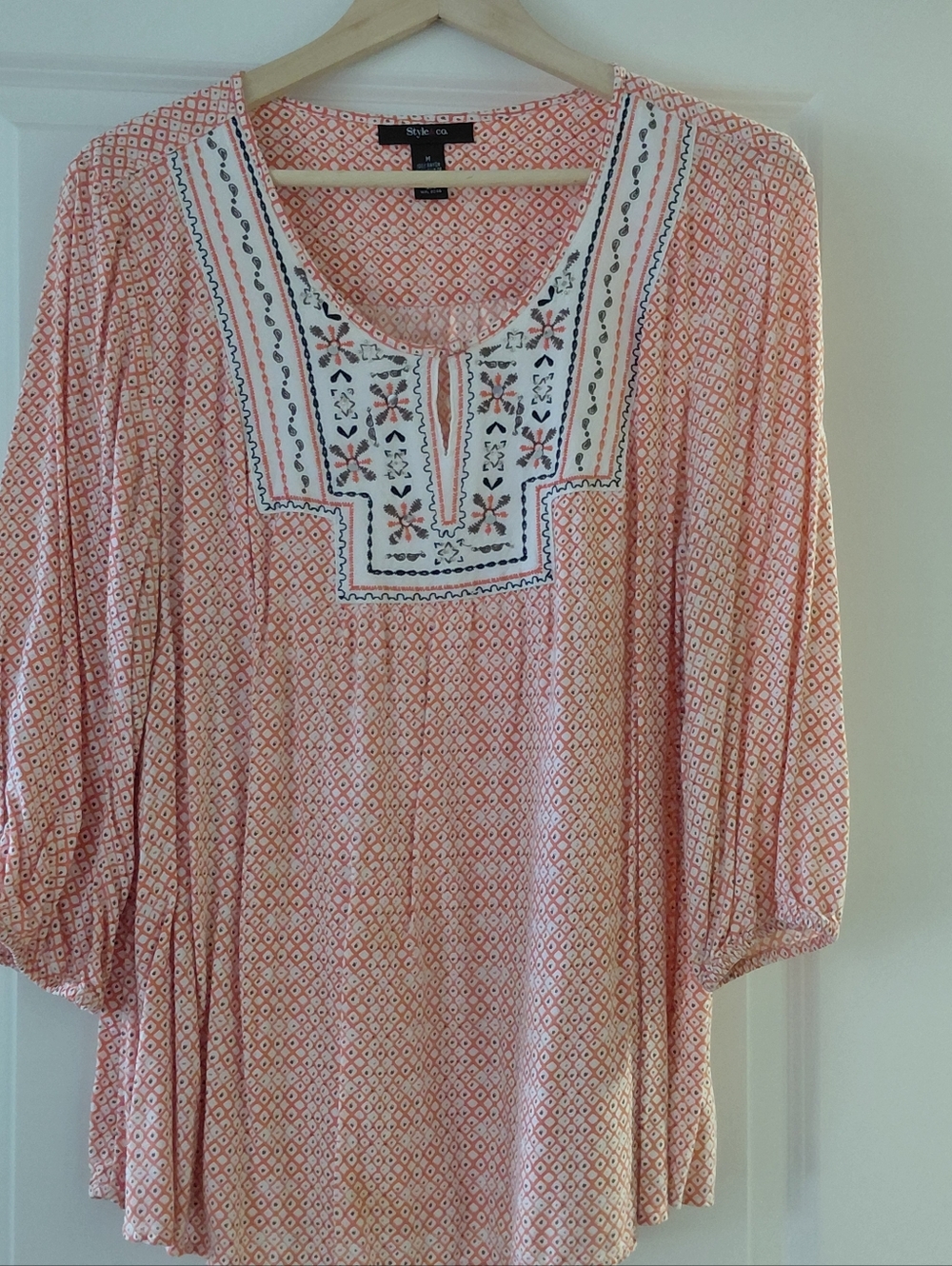 Style & Co. Peach Printed Tunic with Embroidered Yoke